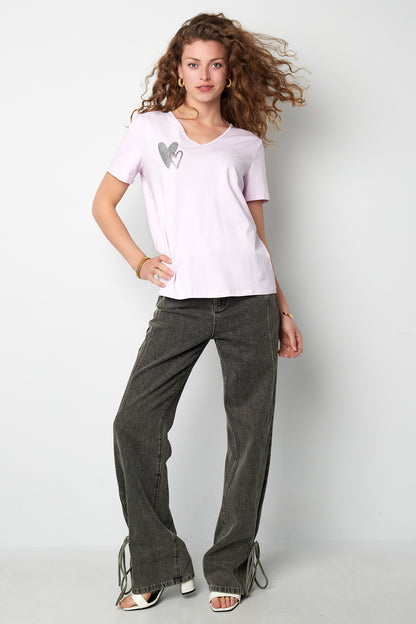 Cotton Vrouwen V-Hals T-Shirt Geborduurd Hart Ontwerp