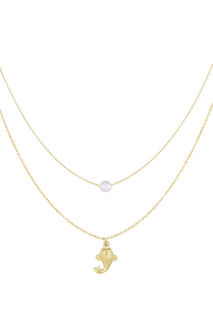 Fish and pearl Necklace - Goud kleur