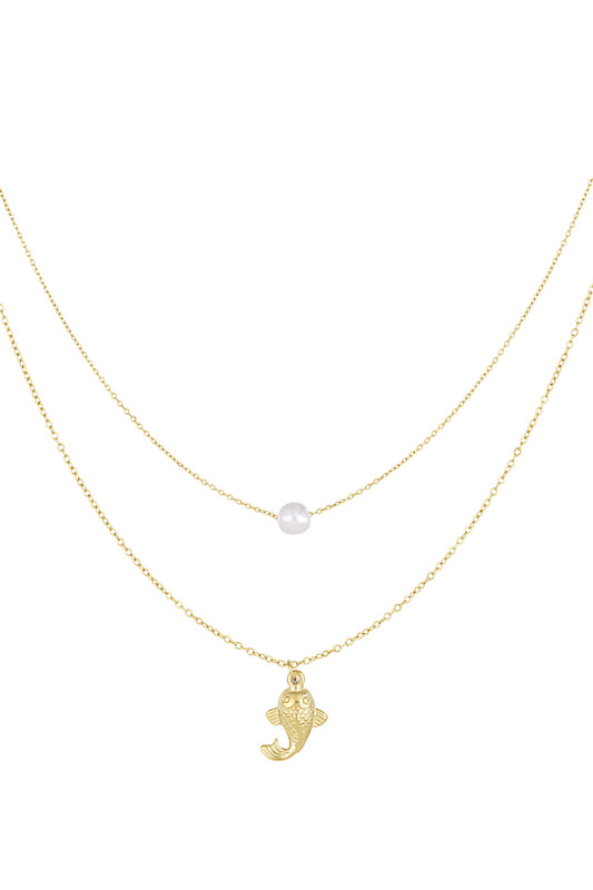 Fish and pearl Necklace - Goud kleur