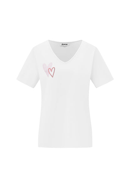 Cotton Vrouwen V-Hals T-Shirt Geborduurd Hart Ontwerp