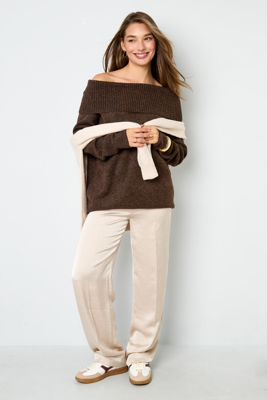 Gebreide Polyestervezel Vrouwen Off-Shoulder Trui Elegant Solide Kleur