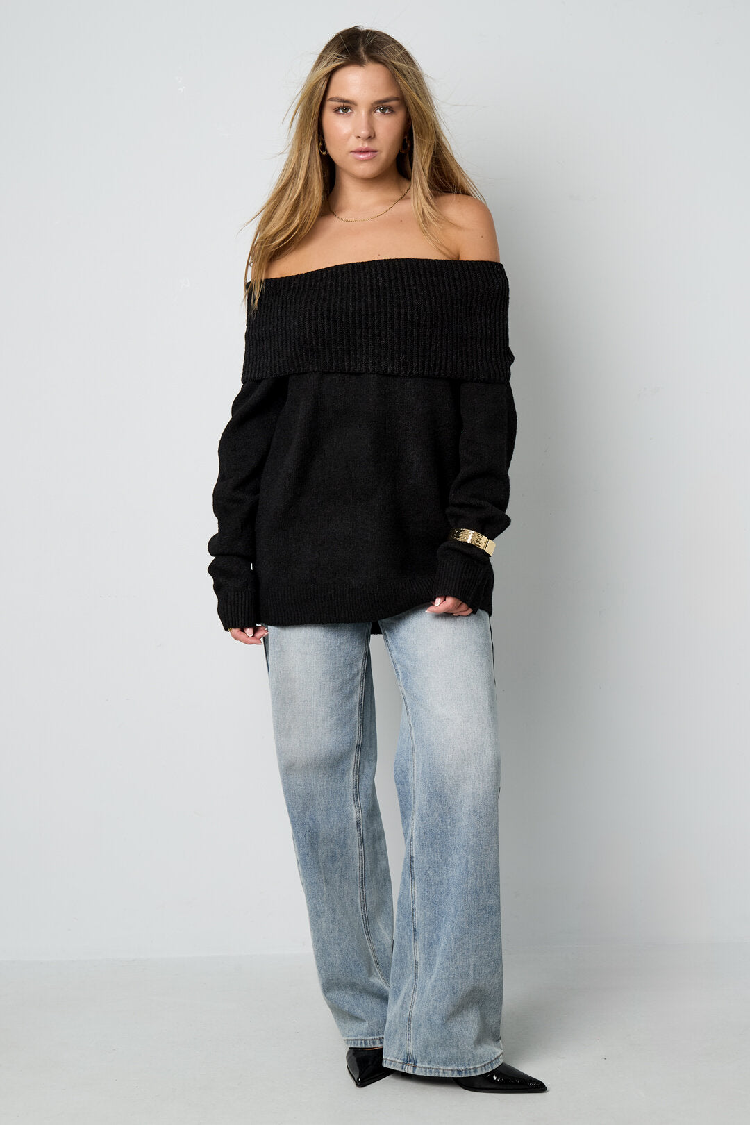 Gebreide Polyestervezel Vrouwen Off-Shoulder Trui Elegant Solide Kleur