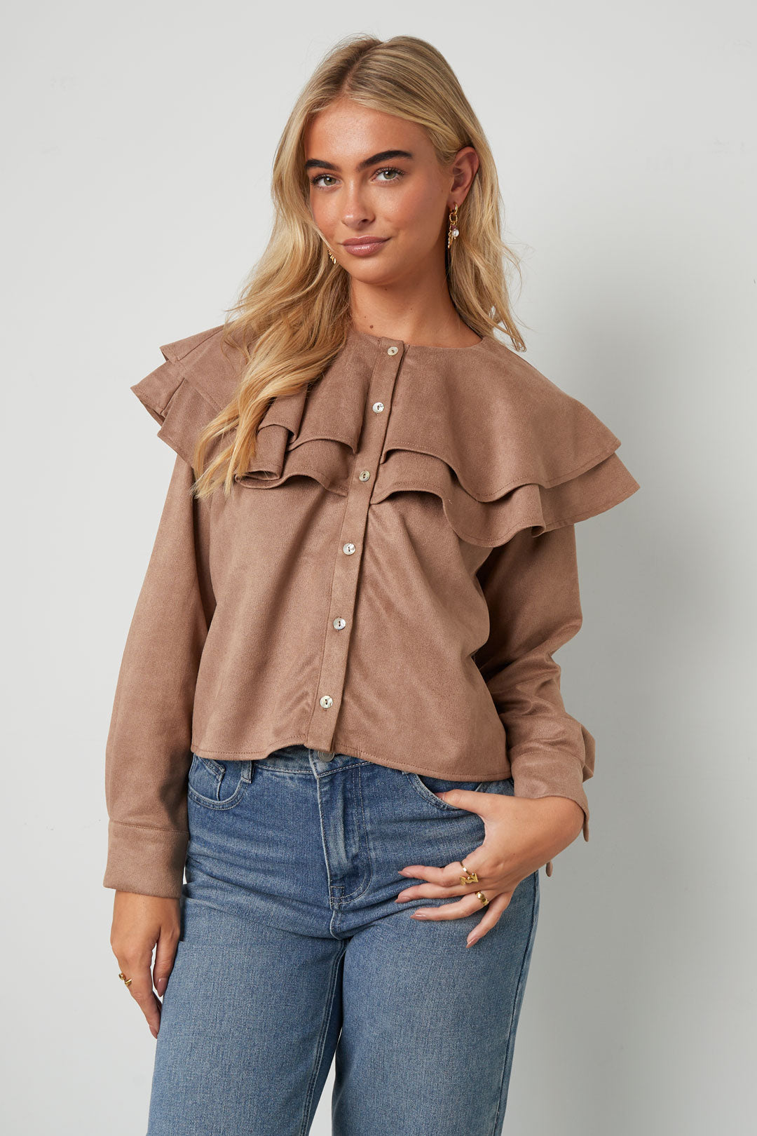 Woven Polyester Fiber Vrouwen Blouse Elegant Ruffle Trim