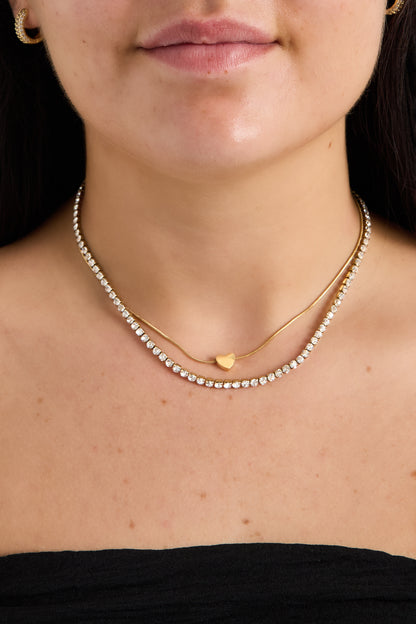Dubbele ketting met minimalistisch hart en zirkonia